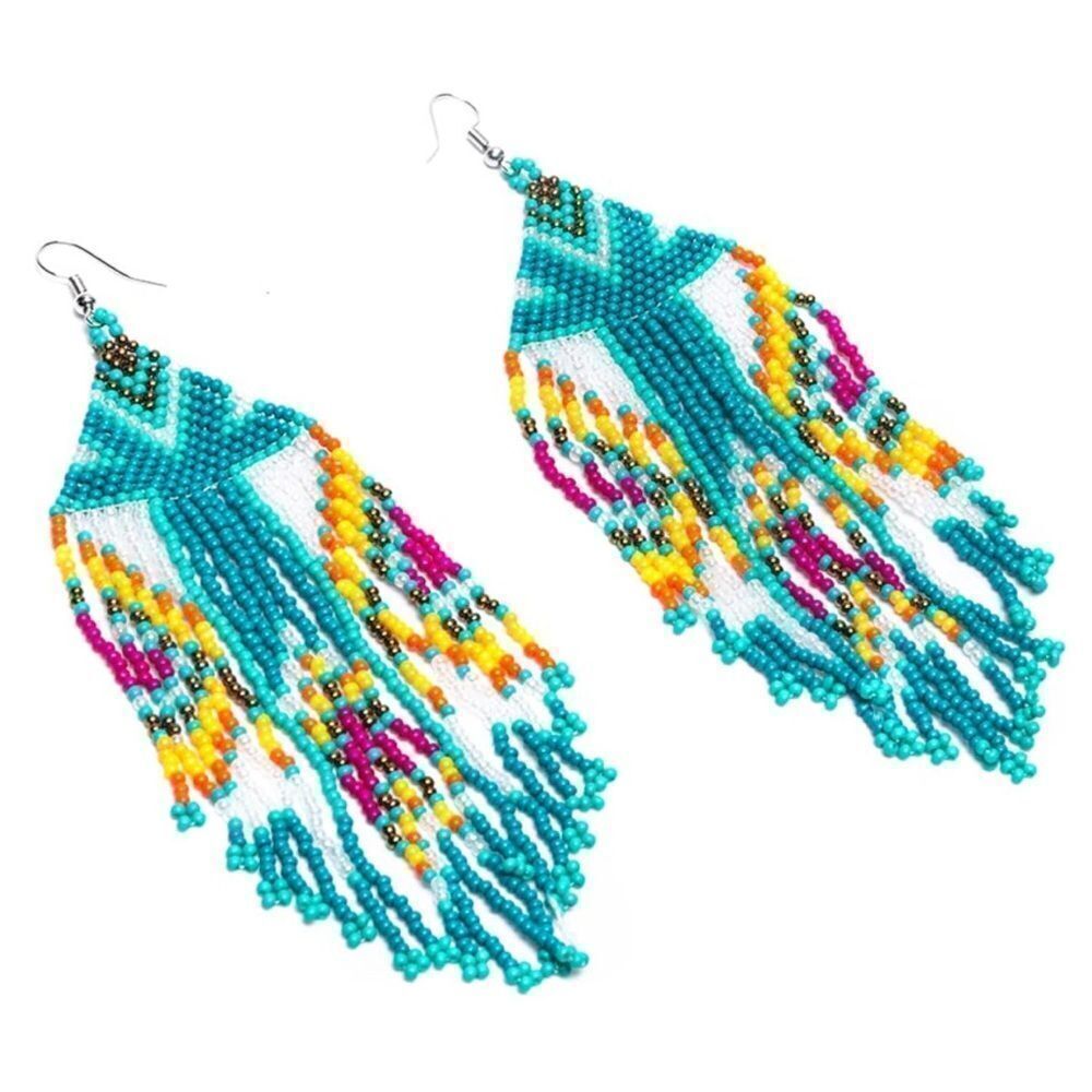 Southwestern Boho Seed Bead Tassel Dangling Statement French Wire Hook Earrings - Picture 2 of 7